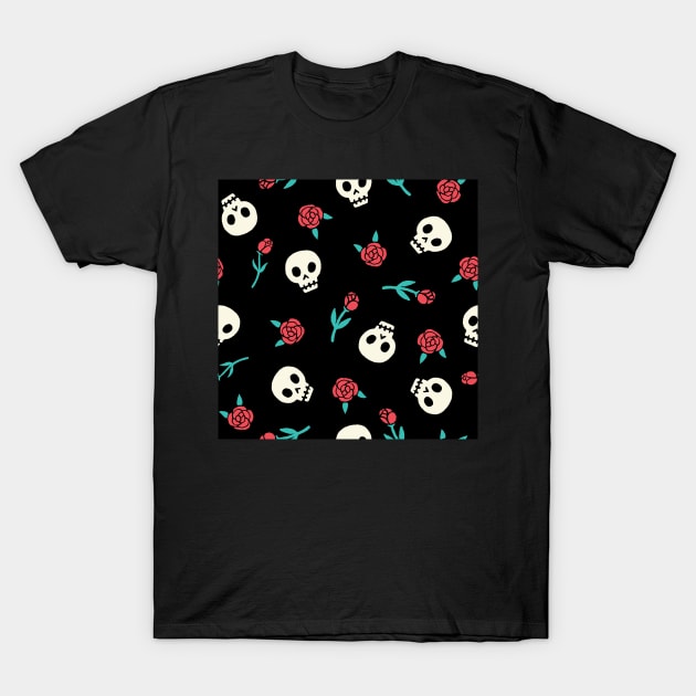 Red Roses and Skulls Halloween Pattern T-Shirt by edwardecho